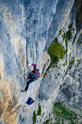 Drusenfluh, Rätikon, Barbara Zangerl, Jacopo Larcher - Barbara Zangerl and Jacopo Larcher repeating 'The Gift' (8c, 350m) on Drusenfluh, Rätikon, August 2024