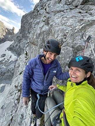 Drusenfluh, Rätikon, Barbara Zangerl, Jacopo Larcher - Jacopo Larcher and Barbara Zangerl during their repeat of 'The Gift' (8c, 350m) on Drusenfluh, Rätikon, August 2024