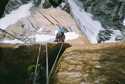 Grand Diedre Desplomando, Trango Tower - 'Maťo ascending the fixed ropes on P19 - an amazing section which makes for over 100m of continuous offwidth/chimney climbing.' Grand Diedre Desplomando, Trango Tower (Tomáš Buček, František Bulička, Martin Krasňanský, Michal Mikušinec, summer 2024)