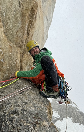 Grand Diedre Desplomando, Trango Tower - 'The rapid weather changes we had every day. You started a pitch in sun and finished in full-on snow storm. Here Michal Mikušinec starts up P5, 7a.' Grand Diedre Desplomando, Trango Tower (Tomáš Buček, František Bulička, Martin Krasňanský, Michal Mikušinec, summer 2024)