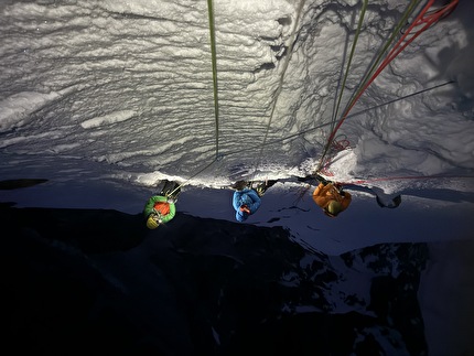 Grand Diedre Desplomando, Trango Tower - 'Unstable, vertical snow on the final section of P23. One more to go!' Grand Diedre Desplomando, Trango Tower (Tomáš Buček, František Bulička, Martin Krasňanský, Michal Mikušinec, summer 2024)