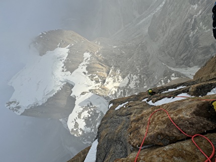 Grand Diedre Desplomando, Trango Tower - 'The last pitch (#22) on the rock section (rest was more snow) 6a+, A2; quite terrifying with all the snow and ice on the slabby ledges…' Grand Diedre Desplomando, Trango Tower (Tomáš Buček, František Bulička, Martin Krasňanský, Michal Mikušinec, summer 2024)