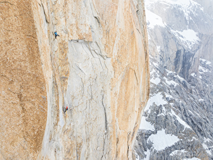 Grand Diedre Desplomando, Trango Tower - 'František Bulička leading, Tomáš Buček seconding P8. Even 6b can be challenging in those very cold conditions.' Grand Diedre Desplomando, Trango Tower (Tomáš Buček, František Bulička, Martin Krasňanský, Michal Mikušinec, summer 2024)