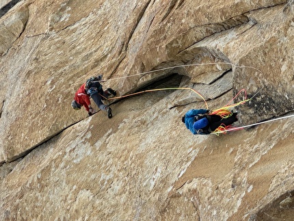 Grand Diedre Desplomando, Trango Tower - 'Pitch #4 provided amazing and varied crack climbing, here Mišo is on the layback crux. The topo said 7a, we thought it was more like 7b.'  Grand Diedre Desplomando, Trango Tower (Tomáš Buček, František Bulička, Martin Krasňanský, Michal Mikušinec, summer 2024)