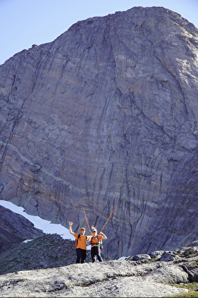 Innaarsuit, Greenland, Indie Fallowfield, Ben Kent, Chris Moore - Innaarsuit, Greenland: Indie Fallowfield and Chris Moore in front of of the magnificent west face
