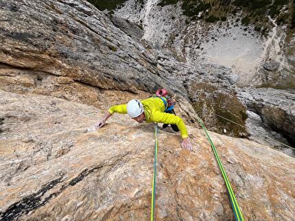 Dolomiti Race, Piz Ciavazes, Sella, Christoph Hainz - Harald Mair making the first free ascent of 'Dolomiti Race', Piz Ciavazes, Sella, Dolomites