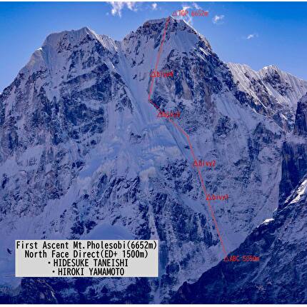 Mt Pholesobi, Nepal, Hidesuke Taneishi, Hiroki Yamamoto - Il tracciato della 'North Face Direct' su Mt Pholesobi (6652m) in Nepal salita da Hidesuke Taneishi e Hiroki Yamamoto