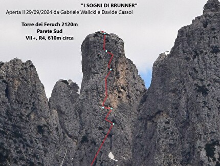 Torre dei Feruch, Dolomiti Bellunesi, Davide Cassol, Gabriele Walicki - La relazione di 'I sogni di Brunner' alla Torre dei Feruch, Dolomiti Bellunesi (Davide Cassol, Gabriele Walicki 29/09/2024)