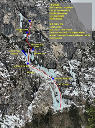 Val di Enghe, Christian Casanova, Marco Ronchi, Lorenzo Zanella - The first ascent of ‘I 3 Orchi’ in Val di Enghe (Christian Casanova, Marco Ronchi, Lorenzo Zanella 01/2025)
