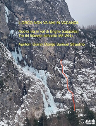 Sappada ice climbing - The topo of 'L’Orco non va mai in vacanza' in Valle di Enghe at Sappada (Gianni Dorigo, Samuel Straulino 22/01/2025)