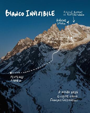 Bianco Invisibile, Aiguille Blanche de Peuterey, Mont Blanc, François Cazzanelli, Giuseppe Vidoni - The route line of 'Bianco Invisibile' on Brèche dell’Aiguille Blanche de Peuterey, Mont Blanc massif (François Cazzanelli, Giuseppe Vidoni 07/03/2025)