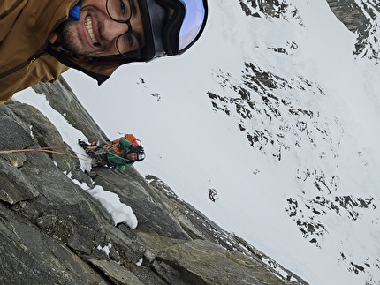 Rive gauche d’Argentière, Mont Blanc, Massimo Faletti, Enrico Lovato - Enrico Lovato and Max Faletti during the first ascent of 'Volevo essere un duro', Rive gauche d’Argentière, Mont Blanc