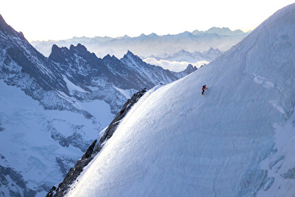 Eiger, Mönch, Jungfrau, Philipp Brugger, Nicolas Hojac - Nicolas Hojac climbs towards the summit ridge of the Eiger as the sun begins to rise in the distance on 04/2025