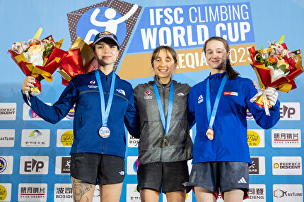Boulder World Cup 2025 Keqiao - 2. Oriane Bertone 1. Annie Sanders 3. Erin McNeice, first stage of the Boulder World Cup 2025 at Keqiao, China