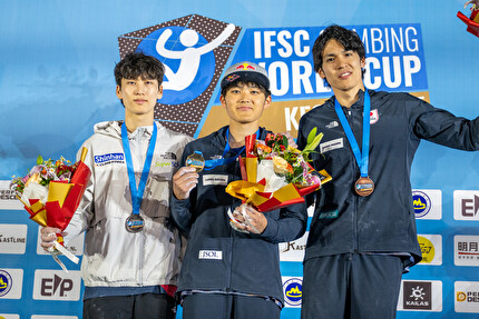 Boulder World Cup 2025 Keqiao - 2. Lee Dohyun 1. Sorato Anraku 3. Narasaki Meichi, first stage of the Boulder World Cup 2025 at Keqiao, China