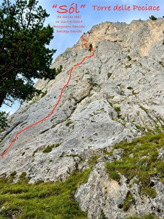 Torre delle Pociace, Monzoni, Dolomiti, Daniele Bolognani, Davide Dallago - Il tracciato della via 'Sól' alla Torre delle Pociace, Dolomiti (Daniele Bolognani, Davide Dallago 09/2024)