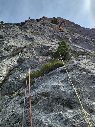 Torre delle Pociace, Monzoni, Dolomiti, Daniele Bolognani, Davide Dallago  - L'apertura del secondo tiro di 'Sól' alla Torre delle Pociace, Dolomiti (Daniele Bolognani, Davide Dallago 09/2024)