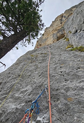 Torre delle Pociace, Monzoni, Dolomiti, Daniele Bolognani, Davide Dallago  - Sul terzo tiro di 'Sól' alla Torre delle Pociace, Dolomiti (Daniele Bolognani, Davide Dallago 09/2024)
