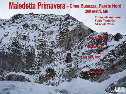 Cima Busazza, Presanella, Emanuele Andreozzi, Fabio Tamanini - La relazione di 'Maledetta Primavera' sulla parete nord della Cima Busazza, aperta da Emanuele Andreozzi e Fabio Tamanini il 14/04/2025