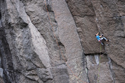 Jernej Kruder, Jøssingfjord Norway - Jernej Kruder making the first repeat of 'Crown Royale', the 9a trad climb established in 2023 by Pete Whittaker on the Profilveggen / Profile Wall at Jøssingfjord in Norway.
