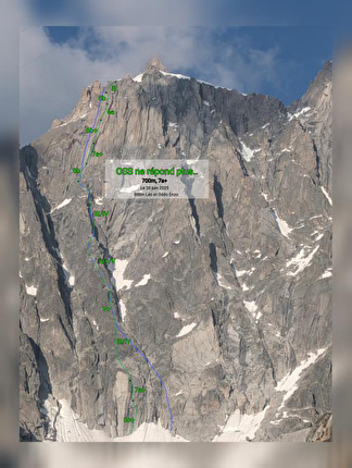 Aiguille du Plan, Mont Blanc, Léo Billon, Enzo Oddo  - The route line of 'OSS ne répond plus..' and the Bonington route on Aiguille du Plan in the Mont Blanc massif (Léo Billon, Enzo Oddo 20/06/2025)