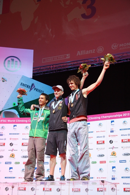 World Climbing Championships Paris 2012 - The men's Lead podium: Sean McColl (silver), Jacob Schubert (gold), Adam Ondra (bronze).