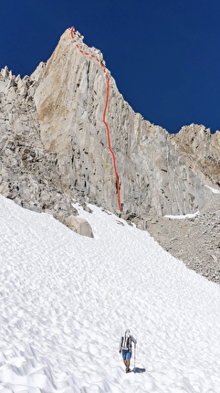 Merriam Peak Sierra Nevada, USA, Japhy Dhungana, Zach Lovell - The route line of 'Fish You Were Here' (7a+, 200m), the first route on Fish Tale Spire in the Sierra Nevada, established by Japhy Dhungana and Zach Lovell in July 2025.