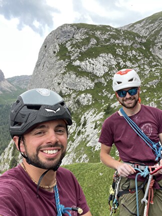 Monte Fop, Val di Franzedaz, Dolomiti, Federico Dell’Antone, Matteo Dagai, Federico Negri - Federico Dell’Antone e Matteo Dagai durante l'apertura di 'Arcoboan' al Monte Fop in Val di Franzedaz, Dolomiti