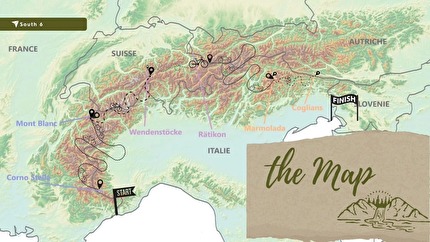 South 6, Aurélia Lanoë, Silvia Loreggian - The South 6 project of Aurélia Lanoë and Silvia Loreggian: cross the Alps by bike from the west to east and free climb six major south faces: Corno Stella, Mont Blanc, Wenden, Rätikon, Marmolada, and Coglians Sud.