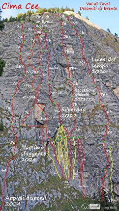Cima Cee, Dolomiti di Brenta, Luca Giupponi, Matteo Pavana, Rolando Larcher - La relazione della via 'L’attimo sfuggente' alla Cima Cee, Dolomiti di Brenta (Luca Giupponi, Matteo Pavana, Rolando Larcher 2024)