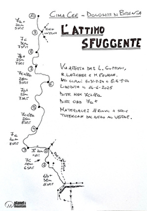 Cima Cee, Dolomiti di Brenta, Luca Giupponi, Matteo Pavana, Rolando Larcher - La relazione della via 'L’attimo sfuggente' alla Cima Cee, Dolomiti di Brenta (Luca Giupponi, Matteo Pavana, Rolando Larcher 2024)