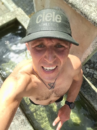 Saro Costa Pizzo Badile SkyClimb - Saro Costa on 13 August 2025 in the fountain at San Martino in Val Masino, Italy