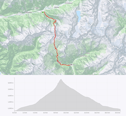 Saro Costa Pizzo Badile SkyClimb - The map of the Pizzo Badile SkyClimb of Saro Costa, completed on 13 August 2025: Val Bregaglia start, Val Masino finish, via the Pizzo Badile North Ridge in just 4 hours and 28 minutes.