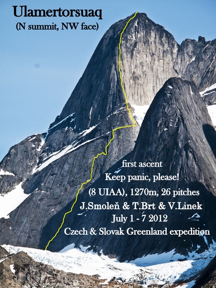 Groenlandia - Groenlandia, Tasermiut Fjord: Keep Panic, Please (VIII, 1270m Tomas Brt, Vlado Linek, Jan Smolen 07/2012), prete NO Cima Nord di Ulamertorsuaqa
