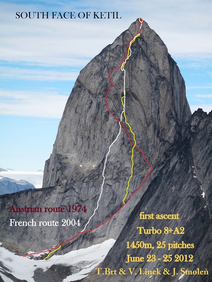 Groenlandia - Groenlandia, Tasermiut Fjord: Turbo (VIII+, A2,1450m, Tomas Brt, Vlado Linek, Jan Smolen 06/2012) Ketil parete sud