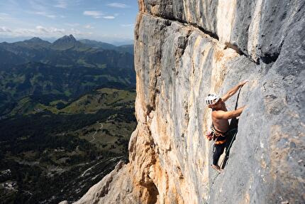 Appassionata Heiligkreuzkofel Dolomites, Simon Gietl, Alexander Huber - Alexander Huber making the first ascent of 'Appassionata' on Heiligkreuzkofel / Sass dla Crusc, Dolomites
