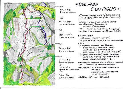 Avancorpo del Cavalcorto Valle del Ferro, Val Masino, Giacomo Regallo, Marco Zanchetta - The topo of 'Due anni e un figlio' on the Avancorpo del Cavalcorto in Valle del Ferro, Val Masino (Giacomo Regallo, Marco Zanchetta)