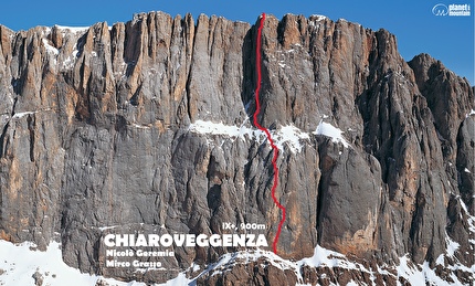 Chiaroveggenza Marmolada, Dolomiti, Nicolò Geremia, Mirco Grasso - Il tracciato della via 'Chiaroveggenza' in Marmolada, Dolomiti (Nicolò Geremia, Mirco Grasso 2019-2025)
