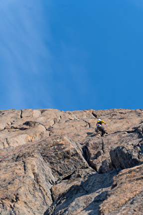 Greenland, Ben Kent, Robbie Milne - Ben getting stuck into a steep crack on 'Duddon Valley Syndrome'