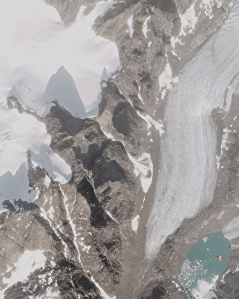 Greenland, Ben Kent, Robbie Milne - The shadow of the nameless peak we summited via 'Optimisme'. This google maps image was the inspiration for the trip