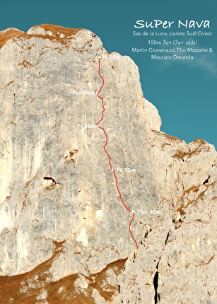 Sass de la Luna, Sella, Dolomiti, Maurizio Davarda, Martin Giovanazzi, Elio Mazzalai - Il tracciato di 'SuPer Nava', Sas da la Luna, Dolomiti (Maurizio Davarda, Martin Giovanazzi, Elio Mazzalai, 2024-2025) Sass de la Luna, Sella, Dolomiti, Maurizio Davarda, Martin Giovanazzi, Elio Mazzalai - Il tracciato di 'SuPer Nava', Sas da la Luna, Dolomiti (Maurizio Davarda, Martin Giovanazzi, Elio Mazzalai, 2024-2025)