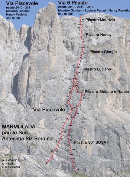 Via dei 6 Pilastri, new route on the Marmolada by Giordani, Ferrari and Paoletto