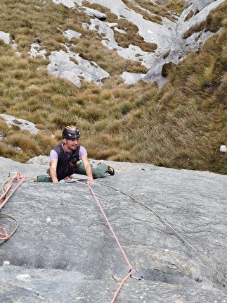 Corno del Framont, Moiazza, Dolomiti, Nicholas Farenzena, Gabriele Walicki - L'apertura di 'Baila Morena': primo tiro