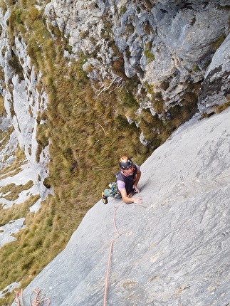 Corno del Framont, Moiazza, Dolomiti, Nicholas Farenzena, Gabriele Walicki - L'apertura di 'Baila Morena': primo tiro