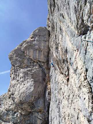 Corno del Framont, Moiazza, Dolomiti, Nicholas Farenzena, Gabriele Walicki - L'apertura di 'Baila Morena': primo tiro