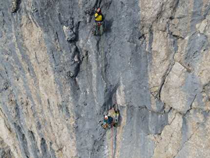 Corno del Framont, Moiazza, Dolomiti, Nicholas Farenzena, Gabriele Walicki - L'apertura di 'Baila Morena': quarto tiro
