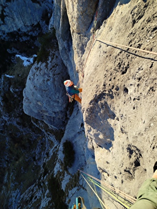 Corno del Framont, Moiazza, Dolomiti, Nicholas Farenzena, Gabriele Walicki - L'apertura di 'Baila Morena': quarto tiro