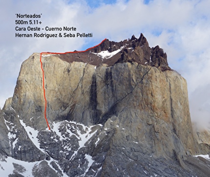 Cuerno Norte, Torres del Paine, Patagonia, Seba Pelletti, Hernan Rodriguez - The line of 'Norteado' on the west face of Cuerno Norte, Torres del Paine, Patagonia, first ascended by Sebastian Pelletti and Hernan Rodriguez on 10/11/2025