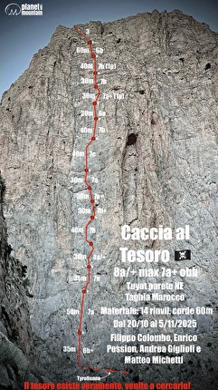 Tuyat Taghia Morocco, Filippo Colombo, Andrea Giglioli, Enrico Pession, Matteo Michetti - The topo of 'Caccia al Tesoro' on the NE Face of Tuyat at Taghia in Morocco (Filippo Colombo, Andrea Giglioli, Enrico Pession, Matteo Michetti 20/10 - 5/11/2025)