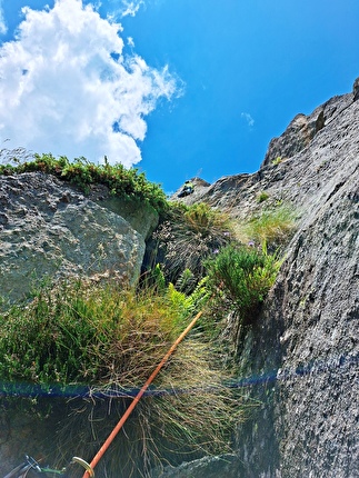 Pinnacolo di Maslana, Valbondione, Cristina Oldrati, Matteo Rivadossi - In apertura sul pilastro del quinto tiro di 'Il Gatto e la Volpe', Pinnacolo di Maslana, Valbondione (Cristina Oldrati, Matteo Rivadossi, 29/06/2025)